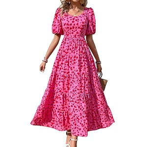 PRETTYGARDEN Puff Short Sleeve Cewneck Floral Long