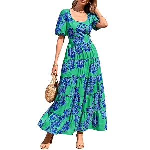 PRETTYGARDEN Puff Short Sleeve Cewneck Floral Long