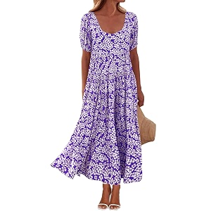 PRETTYGARDEN Puff Short Sleeve Cewneck Floral Long