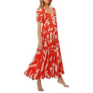 PRETTYGARDEN Puff Short Sleeve Cewneck Floral Long