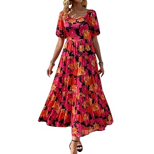 PRETTYGARDEN Puff Short Sleeve Cewneck Floral Long