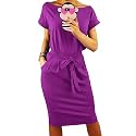 PRETTYGARDEN Women's Summer Short Sleeve Crewneck Striped Dress Basic Solid Tie Waist Office T Shirt Dresses Pockets