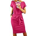 PRETTYGARDEN Women's Summer Short Sleeve Crewneck Striped Dress Basic Solid Tie Waist Office T Shirt Dresses Pockets