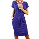 PRETTYGARDEN Women's Summer Short Sleeve Crewneck Striped Dress Basic Solid Tie Waist Office T Shirt Dresses Pockets