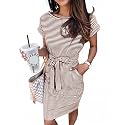 PRETTYGARDEN Women's Summer Short Sleeve Crewneck Striped Dress Basic Solid Tie Waist Office T Shirt Dresses Pockets