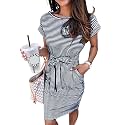 PRETTYGARDEN Women's Summer Short Sleeve Crewneck Striped Dress Basic Solid Tie Waist Office T Shirt Dresses Pockets