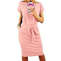 PRETTYGARDEN Women's Summer Short Sleeve Crewneck Striped Dress Basic Solid Tie Waist Office T Shirt Dresses Pockets