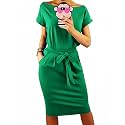 PRETTYGARDEN Women's Summer Short Sleeve Crewneck Striped Dress Basic Solid Tie Waist Office T Shirt Dresses Pockets