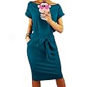 PRETTYGARDEN Women's Summer Short Sleeve Crewneck Striped Dress Basic Solid Tie Waist Office T Shirt Dresses Pockets