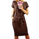 PRETTYGARDEN Women's Summer Short Sleeve Crewneck Striped Dress Basic Solid Tie Waist Office T Shirt Dresses Pockets