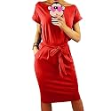 PRETTYGARDEN Women's Summer Short Sleeve Crewneck Striped Dress Basic Solid Tie Waist Office T Shirt Dresses Pockets