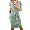 PRETTYGARDEN Women's Summer Short Sleeve Crewneck Striped Dress Basic Solid Tie Waist Office T Shirt Dresses Pockets