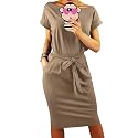 PRETTYGARDEN Women's Summer Short Sleeve Crewneck Striped Dress Basic Solid Tie Waist Office T Shirt Dresses Pockets