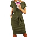 PRETTYGARDEN Women's Summer Short Sleeve Crewneck Striped Dress Basic Solid Tie Waist Office T Shirt Dresses Pockets