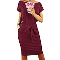 PRETTYGARDEN Women's Summer Short Sleeve Crewneck Striped Dress Basic Solid Tie Waist Office T Shirt Dresses Pockets