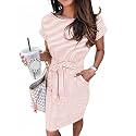 PRETTYGARDEN Women's Summer Short Sleeve Crewneck Striped Dress Basic Solid Tie Waist Office T Shirt Dresses Pockets