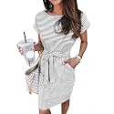 PRETTYGARDEN Women's Summer Short Sleeve Crewneck Striped Dress Basic Solid Tie Waist Office T Shirt Dresses Pockets