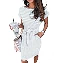 PRETTYGARDEN Women's Summer Short Sleeve Crewneck Striped Dress Basic Solid Tie Waist Office T Shirt Dresses Pockets