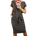 PRETTYGARDEN Women's Summer Short Sleeve Crewneck Striped Dress Basic Solid Tie Waist Office T Shirt Dresses Pockets