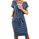 PRETTYGARDEN Women's Summer Short Sleeve Crewneck Striped Dress Basic Solid Tie Waist Office T Shirt Dresses Pockets