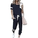 PRETTYGARDEN Women Summer Two Piece Outfits Striped Short Sleeve Pullover and Long Pants Tracksuit Travel Pajama Lounge Set