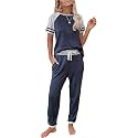 PRETTYGARDEN Women Summer Two Piece Outfits Striped Short Sleeve Pullover and Long Pants Tracksuit Travel Pajama Lounge Set