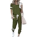 PRETTYGARDEN Women Summer Two Piece Outfits Striped Short Sleeve Pullover and Long Pants Tracksuit Travel Pajama Lounge Set