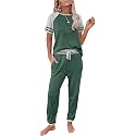 PRETTYGARDEN Women Summer Two Piece Outfits Striped Short Sleeve Pullover and Long Pants Tracksuit Travel Pajama Lounge Set