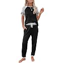 PRETTYGARDEN Women Summer Two Piece Outfits Striped Short Sleeve Pullover and Long Pants Tracksuit Travel Pajama Lounge Set