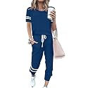 PRETTYGARDEN Women Summer Two Piece Outfits Striped Short Sleeve Pullover and Long Pants Tracksuit Travel Pajama Lounge Set