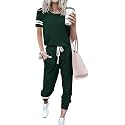 PRETTYGARDEN Women Summer Two Piece Outfits Striped Short Sleeve Pullover and Long Pants Tracksuit Travel Pajama Lounge Set