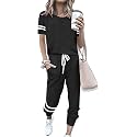 PRETTYGARDEN Women Summer Two Piece Outfits Striped Short Sleeve Pullover and Long Pants Tracksuit Travel Pajama Lounge Set