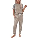 PRETTYGARDEN Women Summer Two Piece Outfits Striped Short Sleeve Pullover and Long Pants Tracksuit Travel Pajama Lounge Set