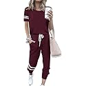 PRETTYGARDEN Women Summer Two Piece Outfits Striped Short Sleeve Pullover and Long Pants Tracksuit Travel Pajama Lounge Set