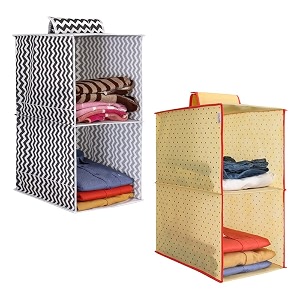 prettykrafts 2-shelf hanger closet hanging shelves - clothes organizer and storage for sweater jeans shirt - dorm wardrobe - kids closet hanging accessories  easy mountblack amp dots yellowpack of 2