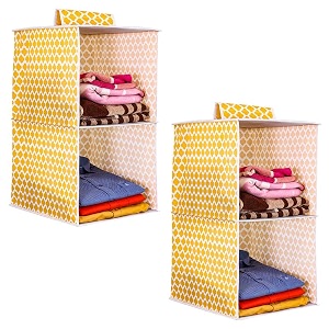 prettykrafts 2-shelf hanger closet hanging shelves - clothes organizer and storage for sweater jeans shirt - dorm wardrobe nursery - kids closet hanging accessories  easy mount qtr yellowpack of 2
