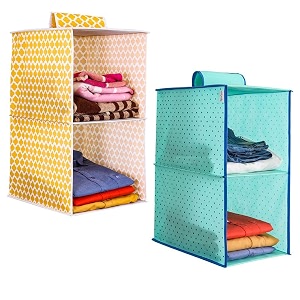 prettykrafts 2-shelf hanger closet hanging shelves - clothes organizer and storage for sweater jeans shirt - dorm wardrobe - kids closet hanging accessories  easy mountqtr yellow amp greenpack of 2