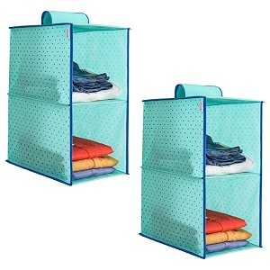 prettykrafts 2-shelf hanger closet hanging shelves - clothes organizer and storage for sweater jeans shirt - dorm wardrobe nursery - kids closet hanging accessories  easy mount dots greenpack of 2