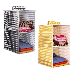prettykrafts 2-shelf hanger closet hanging shelves - clothes organizer and storage for sweater jeans shirt - dorm wardrobe - kids closet hanging accessories  easy mount black amp yellowpack of 2