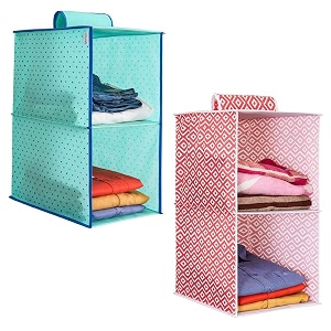 prettykrafts 2-shelf hanger closet hanging shelves - clothes organizer and storage for sweater jeans shirt - dorm wardrobe - kids closet hanging accessories  easy mount red amp dots greenpack of 2