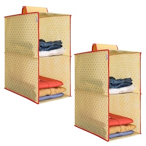 prettykrafts 2-shelf hanger closet hanging shelves - clothes organizer and storage for sweater jeans shirt - dorm wardrobe nursery - kids closet hanging accessories  easy mount dots yellowpack of 2