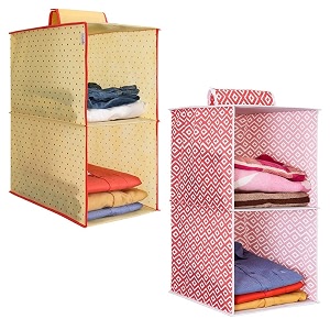 prettykrafts 2-shelf hanger closet hanging shelves - clothes organizer and storage for sweater jeans shirt - dorm wardrobe - kids closet hanging accessories  easy mount red amp dots yellowpack of 2