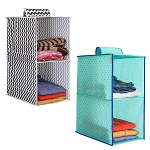 prettykrafts 2-shelf hanger closet hanging shelves - clothes organizer and storage for sweater jeans shirt - dorm wardrobe - kids closet hanging accessories  easy mount black amp dots greenpack of 2