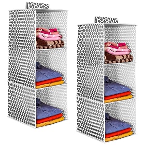 prettykrafts 3-shelf hanger closet hanging shelves - clothes organizer and storage for sweater jeans shirt - dorm wardrobe nursery - kids closet hanging accessories  easy mount qtr greypack of 2