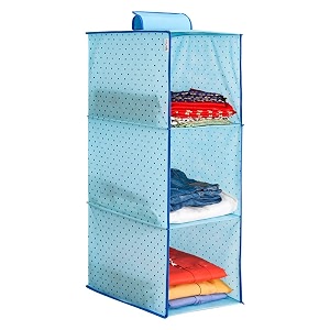 prettykrafts 3-shelf hanger closet hanging shelves - clothes organizer and storage for sweater jeans shirt - dorm wardrobe nursery rv room - kids closet hanging accessories  easy mountdots blue