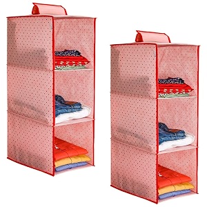 prettykrafts 3-shelf hanger closet hanging shelves - clothes organizer and storage for sweater jeans shirt - dorm wardrobe nursery - kids closet hanging accessories  easy mount dots pinkpack of 2