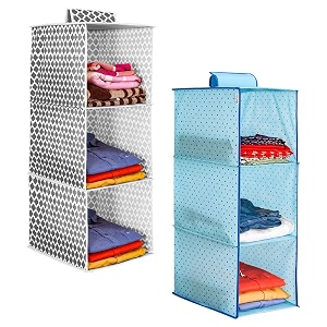 prettykrafts 3-shelf hanger closet hanging shelves - clothes organizer and storage for sweater jeans shirt - dorm wardrobe - kids closet hanging accessories  easy mountgrey amp dots bluepack of 2