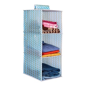 prettykrafts 3-shelf hanger closet hanging shelves - clothes organizer and storage for sweater jeans shirt - dorm wardrobe nursery rv room - kids closet hanging accessories  easy mountarrwo blue