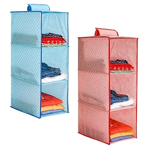 prettykrafts 3-shelf hanger closet hanging shelves - clothes organizer and storage for sweater jeans shirt - dorm wardrobe - kids closet hanging accessories  easy mountdots pink amp bluepack of 2