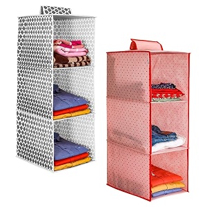 prettykrafts 3-shelf hanger closet hanging shelves - clothes organizer and storage for sweater jeans shirt - dorm wardrobe - kids closet hanging accessories  easy mountgrey amp pinkpack of 2